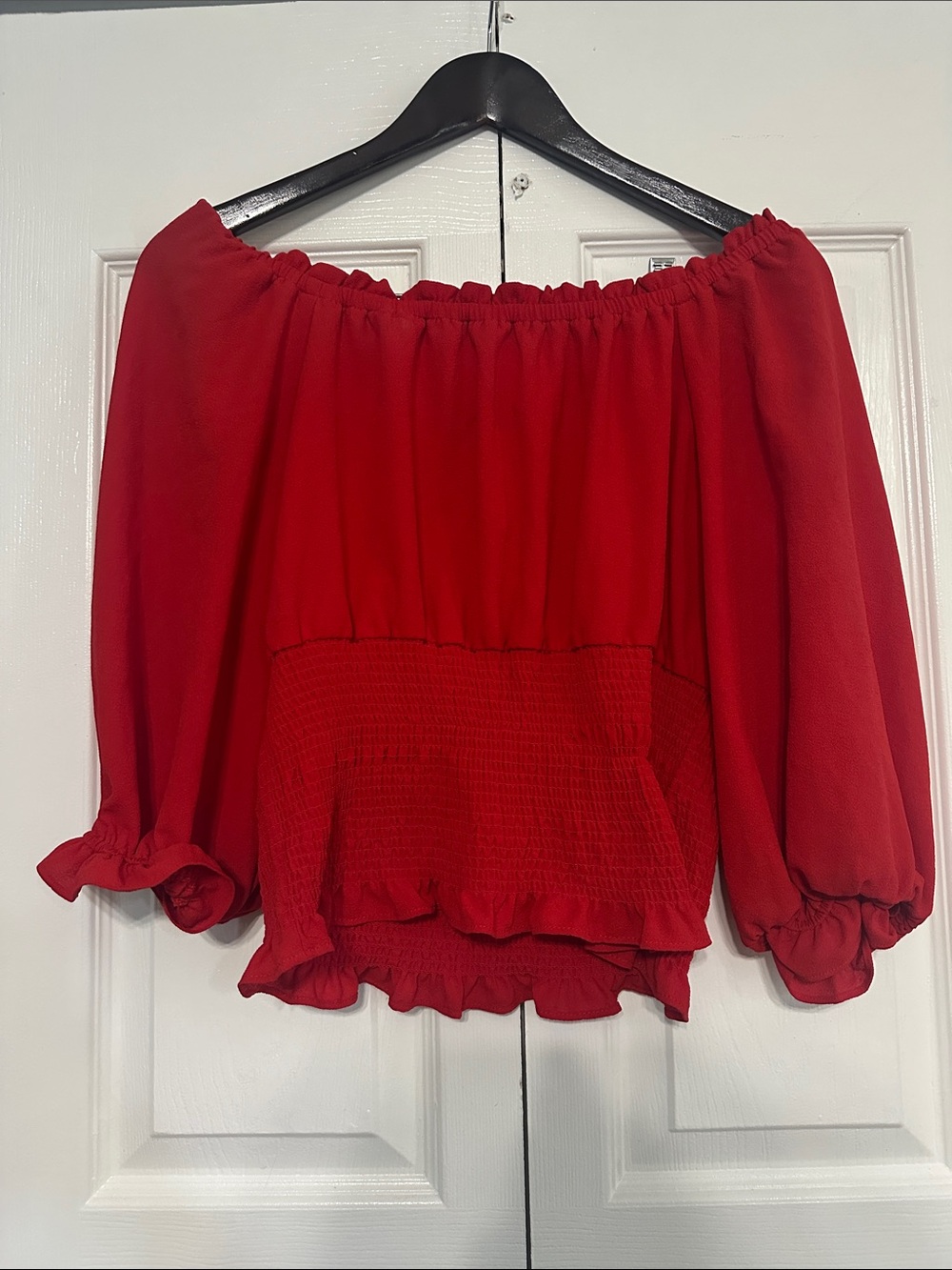 1. State Red Off-Shoulder Smocked Peasant Blouse
